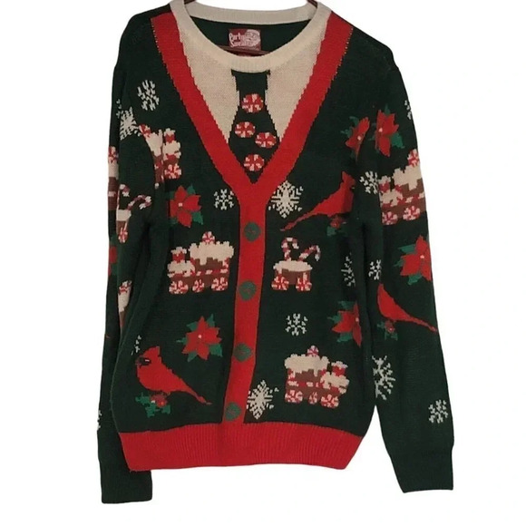 Party Ugly Sweater L Holiday Sweatshirt Red Green Cardinal Birds Unisex - Picture 12 of 15